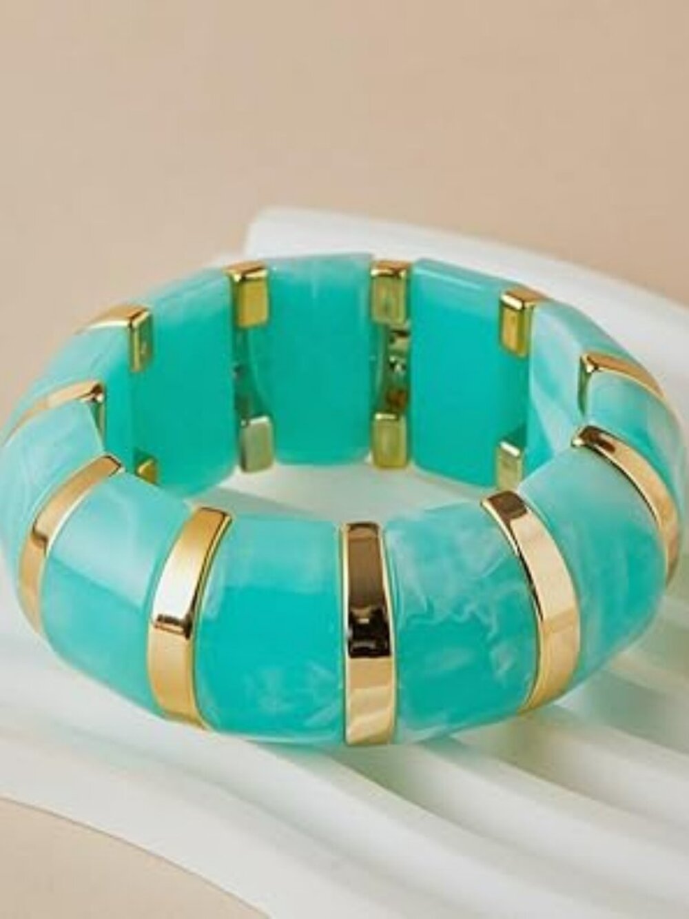 NEW Chunky Elastic Bangle Bracelet Colorful Wide Chunky Resin Green & Gold